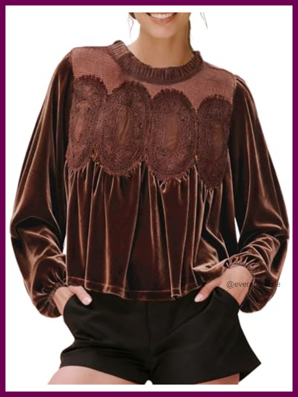 Velvet Trim Lace Blouse Long Sleeve Flared Women's Top